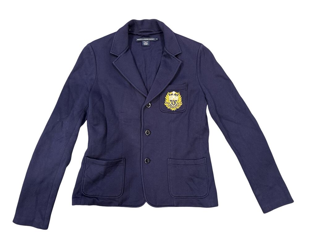Ralph Lauren Sport Women's L Navy Knit Blazer Crest Patch Cotton Jacket